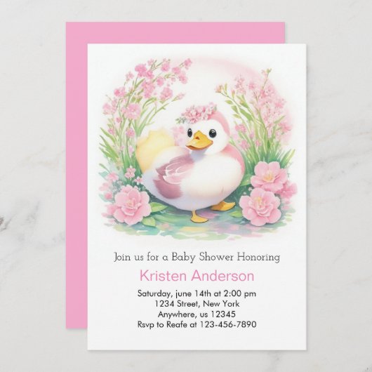 魅力的なアヒルのピンクの水の色の女の子の赤ちゃんシャワー 招待状 (正面/裏面)