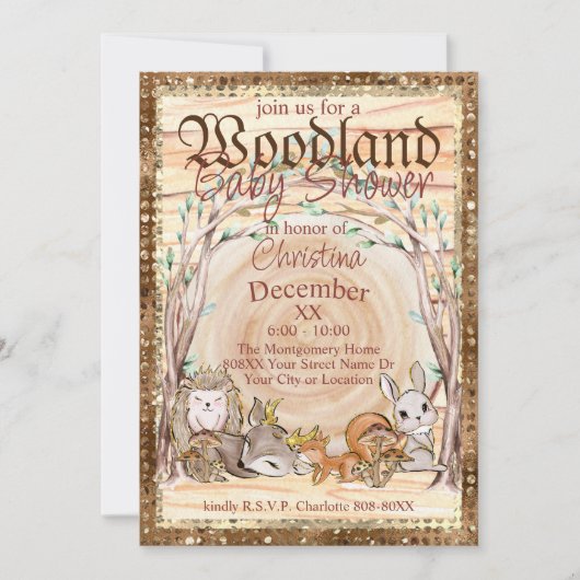 魅力的なウッドランド動物の赤ちゃんシャワー 招待状 (正面)