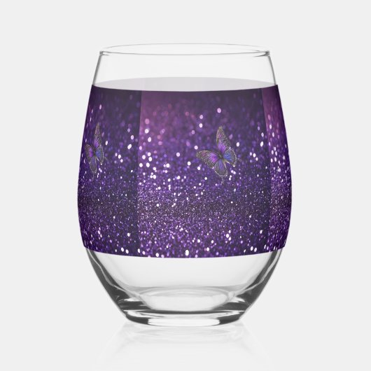 魅力的なエレガンス：紫の輝く蝶 ステムなしワイングラス (正面)