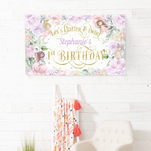 魅力的なガーデンフェアリー、1歳の誕生日の背景 横断幕 (インサイチュ)