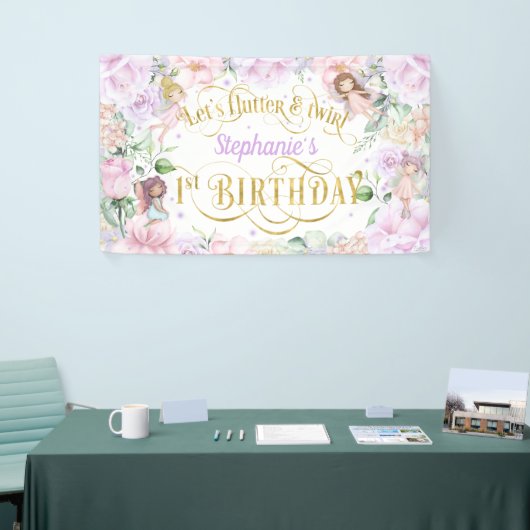 魅力的なガーデンフェアリー、1歳の誕生日の背景 横断幕 (トレードショー)