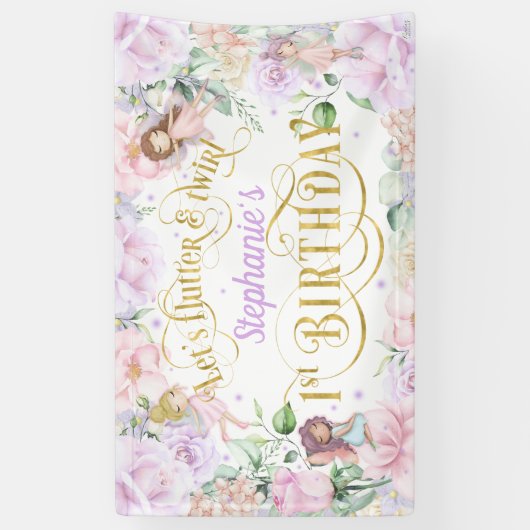 魅力的なガーデンフェアリー、1歳の誕生日の背景 横断幕 (縦)