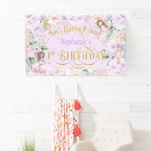 魅力的なガーデンフェアリー、1歳の誕生日の背景Bann 横断幕 (インサイチュ)