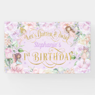 魅力的なガーデンフェアリー、1歳の誕生日の背景Bann 横断幕
