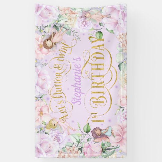 魅力的なガーデンフェアリー、1歳の誕生日の背景Bann 横断幕 (縦)