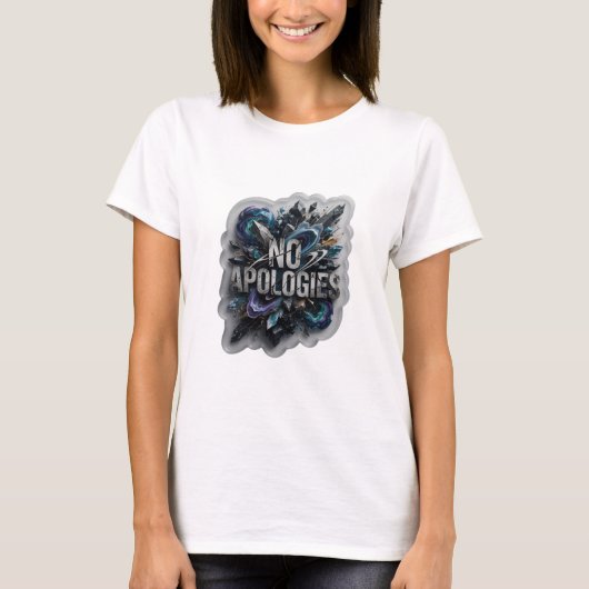 魅力的なシルバーNO APOLOGIES(謝罪なし)テキストデザイン Tシャツ (正面)