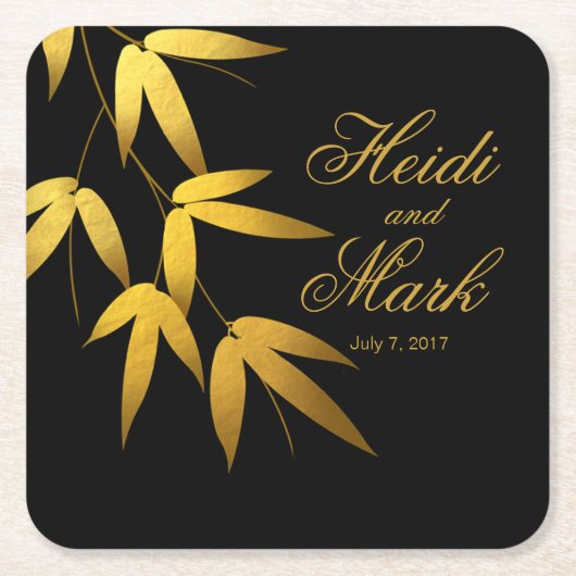 魅力的なタケは金ゴールドホイル|の黒を去ります スクエアペーパーコースター (正面)