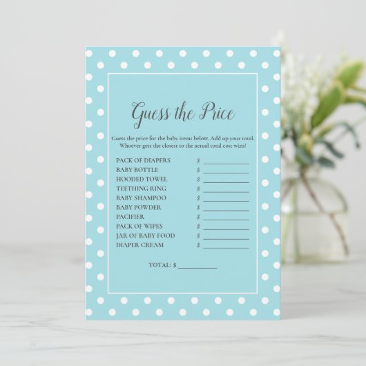 魅力的なターコイズリボン　価格当てゲーム　ベビーシャワー 招待状 (スタンド正面)