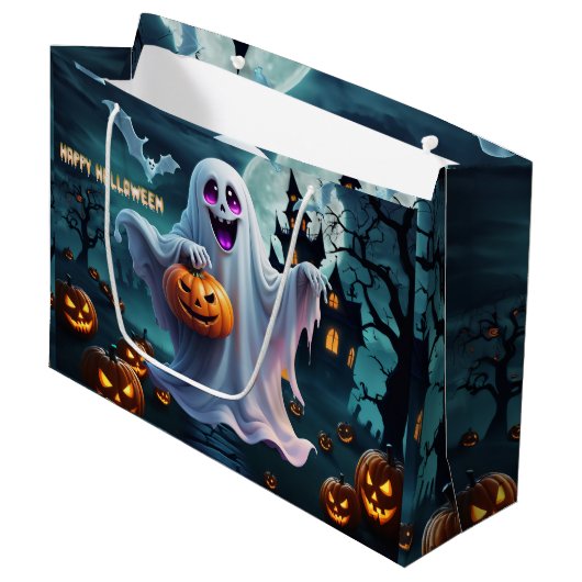 魅力的なハロウィーンデザインが伝わる。 ラージペーパーバッグ (正面アングル)