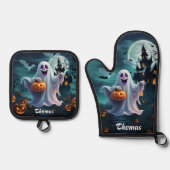 魅力的なハロウィーンデザインが伝わる。 鍋つかみ&鍋敷きセット (正面)