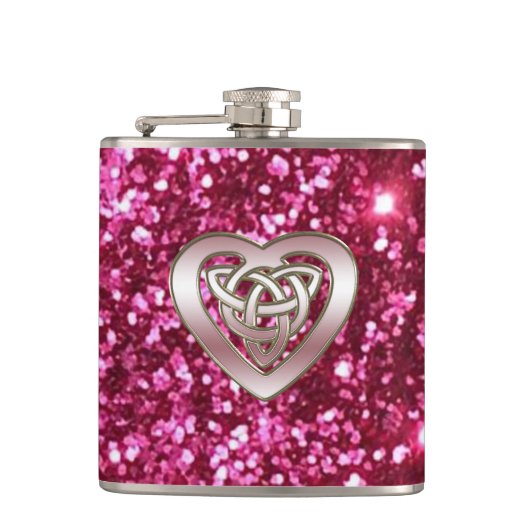 魅力的なピンクのグリッターのケルト族のハートのフラスコ フラスク (正面)