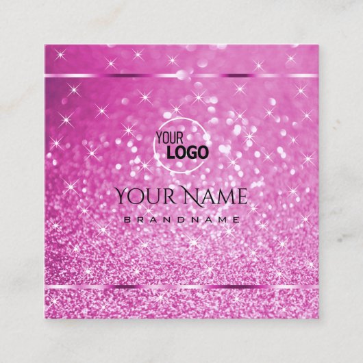 魅力的なピンクのグリッタースきらめくター追加ロゴ スクエア名刺 (正面)
