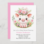 魅力的なピンクのピグレットワイルドフラワーガールベビーシャワー 招待状 (正面/裏面)