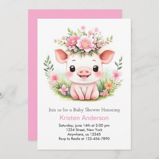 魅力的なピンクのピグレットワイルドフラワーガールベビーシャワー 招待状 (正面/裏面)