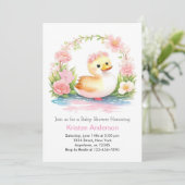魅力的なピンクのワイルドフラワーアヒル女の子ベビーシャワー 招待状 (スタンド正面)