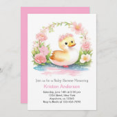 魅力的なピンクのワイルドフラワーアヒル女の子ベビーシャワー 招待状 (正面/裏面)