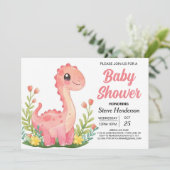 魅力的なピンクの印刷可能な恐竜の女の子の赤ちゃんシャワー 招待状 (スタンド正面)