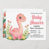 魅力的なピンクの印刷可能な恐竜の女の子の赤ちゃんシャワー 招待状 (正面/裏面)