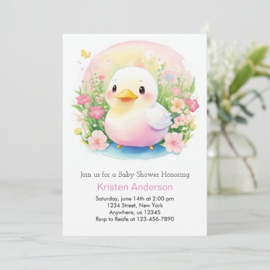 魅力的なピンクの水の色のアヒル女の子ベビーシャワー 招待状 (スタンド正面)