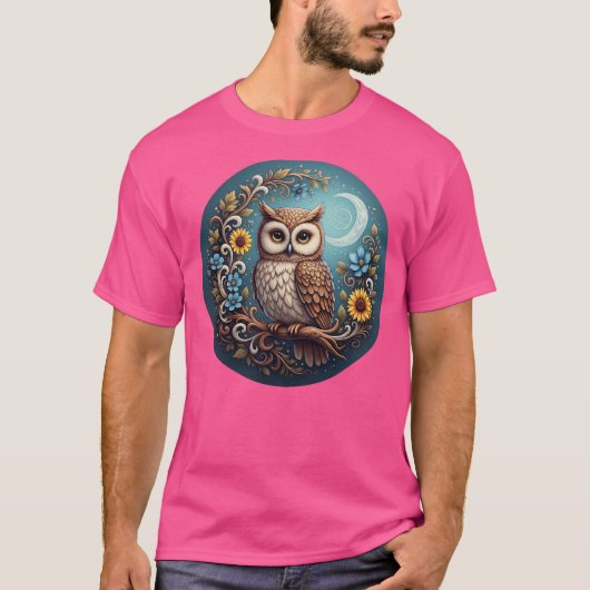 魅力的なフクロウと月 - アーティスティックな森林の壁画 Tシャツ (正面)