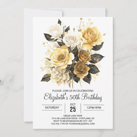 魅力的なフローラ金ゴールドとブラック50誕生日 招待状 (正面)