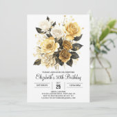 魅力的なフローラ金ゴールドとブラック50誕生日 招待状 (スタンド正面)