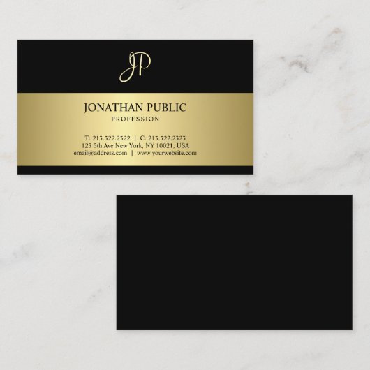 魅力的なブラックと金ゴールドモノグラム平モダン野 名刺 (正面/裏面)