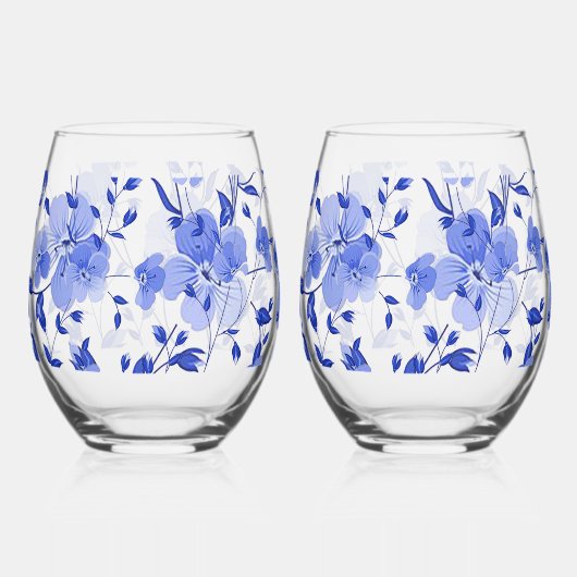 魅力的なブルーフローラステムレスワインガラスセット ステムなしワイングラス (正面)