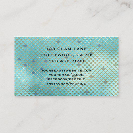 魅力的なメーキャップアーティストのまつげ延長ティール(緑がかった色)の金ゴールド 名刺 (裏面)