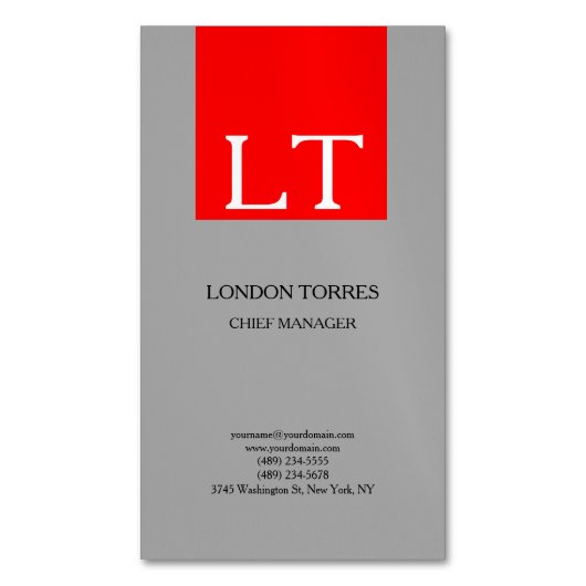 魅力的なモノグラムグレー赤白プレーン マグネット名刺 (正面縦)
