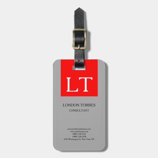 魅力的なモノグラムグレー赤白プレーン ラゲッジタグ (正面縦)