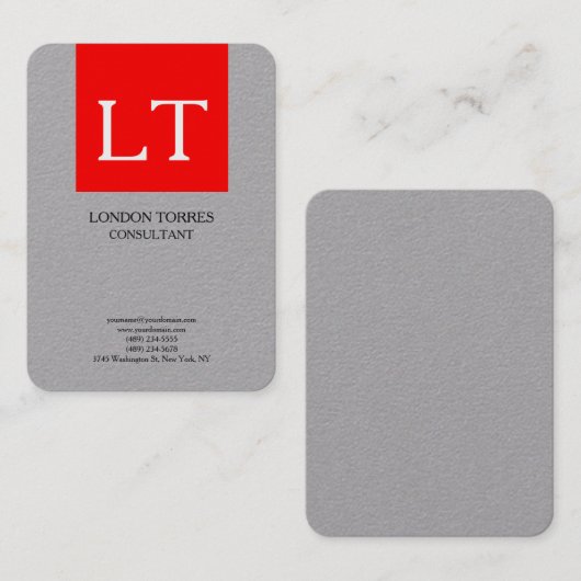 魅力的なモノグラムグレー赤白プレーン 名刺 (正面/裏面)