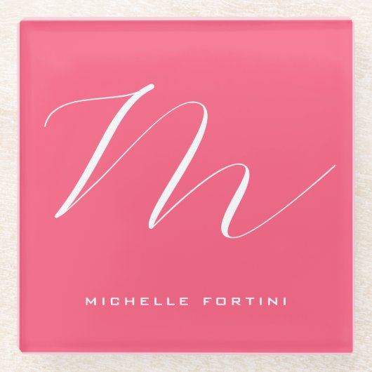 魅力的なモノグラムピンク白モダン平野 ガラスコースター (正面)