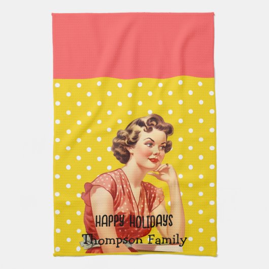 魅力的なレトロハッピーホリデーズカラフルイエロー キッチンタオル (縦)