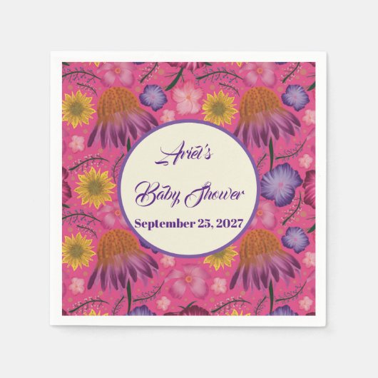 魅力的なワイルドフラワーピンクの赤ちゃんシャワー スタンダードカクテルナプキン (正面)