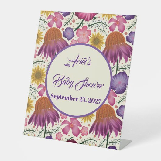魅力的なワイルドフラワーピンクの赤ちゃんシャワー 台座サイン (正面)