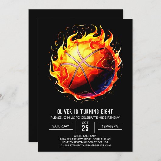 魅力的な印刷可能なバスケットボール誕生日 招待状 (正面/裏面)