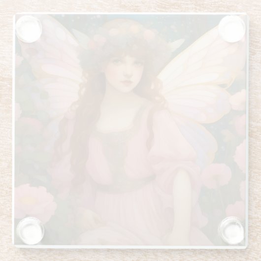 魅力的な夢：ピンクのお洒落妖精ポートレート ガラスコースター (裏面)