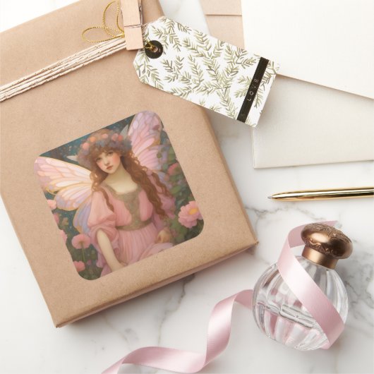 魅力的な夢:ピンクのお洒落妖精ポートレート スクエアシール (ギフト)
