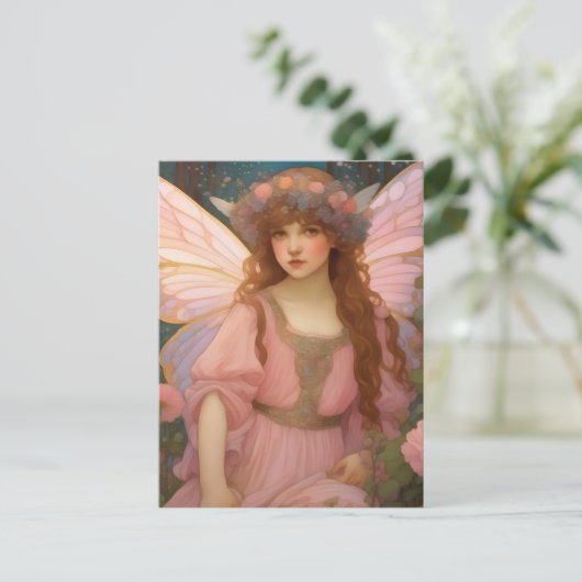 魅力的な夢:ピンクのお洒落妖精ポートレート ポストカード (スタンド正面)