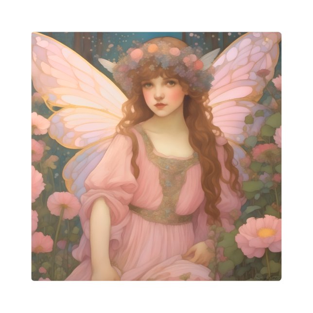 魅力的な夢：ピンクのお洒落妖精ポートレート メタルプリント (正面)