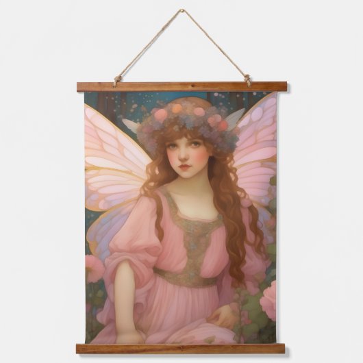 魅力的な夢：ピンクのお洒落妖精ポートレート 吊り下げ型タペストリー (正面)