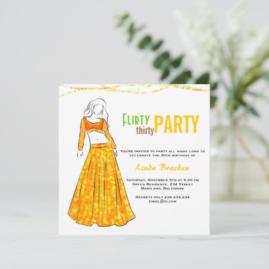 魅力的な女の子の黄色のスカートの気のあるそぶりをしたな30パーティー 招待状 (スタンド正面)