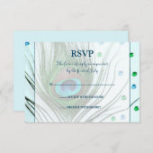 魅力的な孔雀の羽のティール（緑がかった色）の応答カード 出欠カード (正面/裏面)