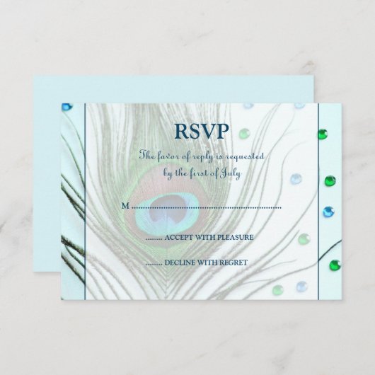 魅力的な孔雀の羽のティール（緑がかった色）の応答カード 出欠カード