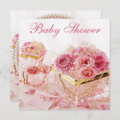 魅力的な宝石、ピンクの花及び箱のベビーシャワー 招待状 (正面/裏面)