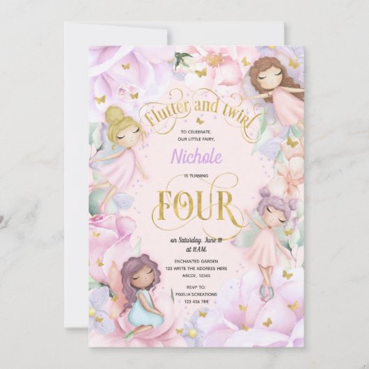 魅力的な庭の妖精、女の子4歳の誕生日のinvitati 招待状 (正面)
