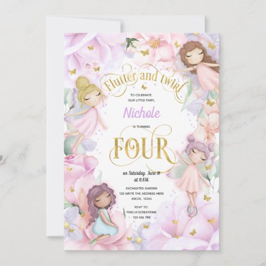 魅力的な庭の妖精、女の子4歳の誕生日のinvitati 招待状 (正面)