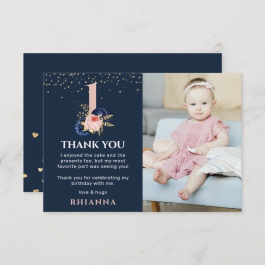 魅力的な海軍とピンクのフローラ1st誕生日の写真 サンキューカード (正面/裏面)