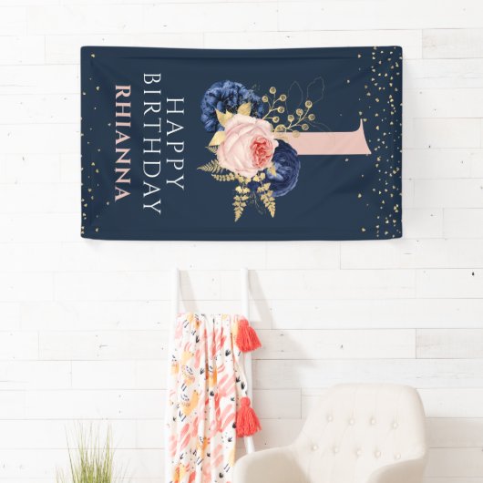 魅力的な海軍とピンクのフローラ1st誕生日パーティー 横断幕 (インサイチュ)